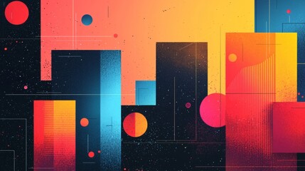 Aufkleber - A mesmerizing display of bright geometric shapes forms an abstract cityscape. Vivid colors blend harmoniously, evoking a sense of wonder and dynamism at dusk, capturing the imagination