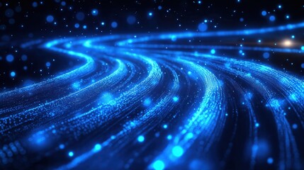 Poster - abstract tech background features swirling blue light streaks, particles. dynamic pattern suggests s