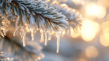 Wall Mural - Frozen pine branch with icicles at sunrise.