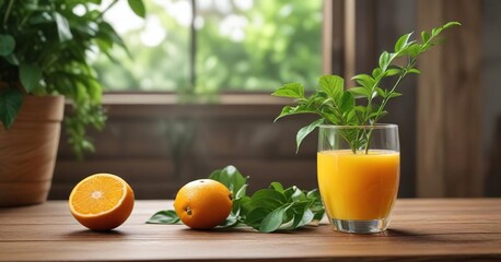 Wall Mural - Freshly squeezed orange juice glass on wooden table next to green leafy plant,  fresh,  orange, juice