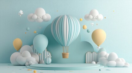 Poster - Pastel hot air balloon scene with clouds and balloons.