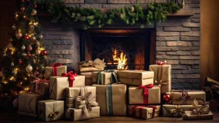 Wall Mural - A stack of vintage-style Christmas gift boxes, each wrapped with brown kraft paper, twine, and fresh green holly sprigs, sitting by a roaring fireplace, nostalgic and charming vibe