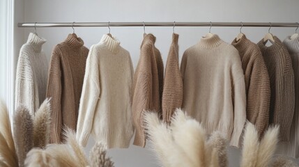 Poster - A minimalist rack holds a collection of cozy sweaters in soft neutral tones. The warm hues complement a tranquil interior, creating an inviting atmosphere perfect for a cozy day indoors