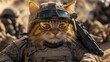 © mochalfin - A courageous ginger cat soldier in camouflage, wearing a helmet and goggles, amidst a military scene.