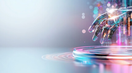Poster - Futuristic robotic hand reaching for holographic interface virtual space digital art abstract viewpoint technology concept