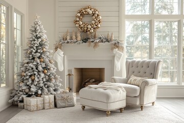 Wall Mural - Elegant white Christmas room with white tree, gold and silver decorations, fireplace, and soft natural light. Festive holiday home decor.