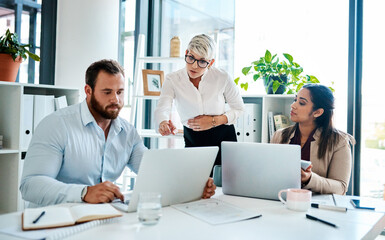 Poster - Business, people and meeting with laptop at office for strategy, planning and ideas for financial growth. Employees, pregnant woman and discussion as accountant with report, review for revenue