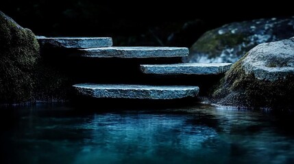 Poster - Stone steps leading to a dark, still pool of water.