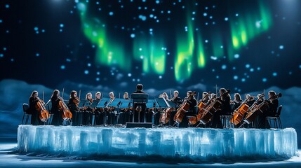Wall Mural - Orchestra performs on ice stage under aurora borealis.