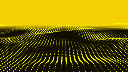 Poster - Abstract digital yellow particle dots wave background. Abstract wave halftone yellow. Futuristic moving dots, hi-tech and big data visualization. Abstract dots wave seamless loop 3D motion graphics
