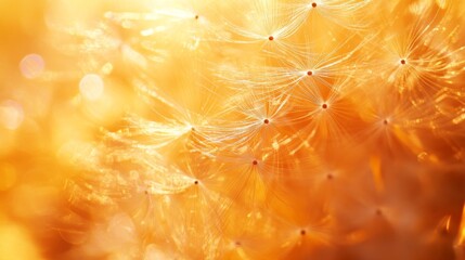114.High-detail macro shot of dandelion seeds with backlight streaming through, capturing the intricate web of fluffy filaments; the soft, warm glow gives an ethereal quality to this close-up.