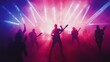 © Sinechana - 84.Silhouettes of a music band performing on stage, each member captured in dynamic poses as they play to a lively crowd; the bright lights and singing audience add to the raw, immersive experience
