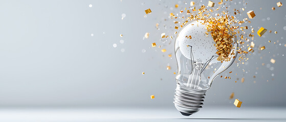 Poster - Creative explosion of ideas light bulb shattering with golden particles studio setting high-impact visual modern aesthetic