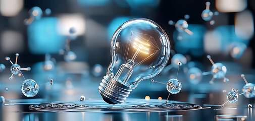 Poster - Illuminating innovation light bulb spark in a digital lab science concept futuristic environment close-up view