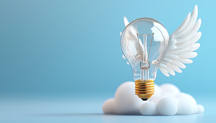 Poster - Inspiring innovation lightbulb with wings symbolizes creativity and ideas cloud background digital art uplifting concept