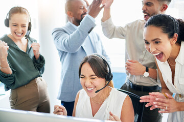 Poster - People, call center and team celebration for deal, sales success and negotiation goal. Excited consultant, promotion and applause for b2b support, victory and good news with business achievement
