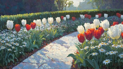 Wall Mural - sunlit garden path bordered by red and white tulips and daisies.