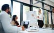 © peopleimages.com - Business people, presentation and pregnant woman at whiteboard planning growth, development or sales strategy. Meeting, speaker and consultant at board with ideas, proposal or team workshop in office