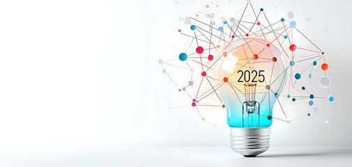 Poster - Innovative ideas for 2025 a creative light bulb concept in a modern workspace environment