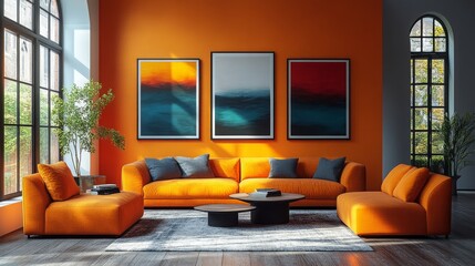 Poster - Brightly lit living room with orange walls and curated art prints in a modern interior design