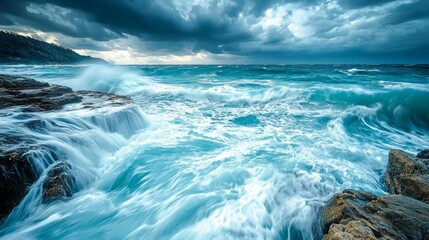Aufkleber - Turquoise waves crash powerfully against a rugged coastline, sending sprays high into the air. Ominous clouds gather overhead as dusk approaches, casting shadows over the rocks