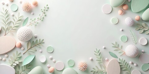 Wall Mural - Pastel-Colored Abstract Shapes and Greenery Composition with Copy Space
