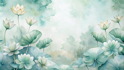 Wall Mural - Serene Watercolor Painting of Aquatic Plants with Large Leaves and Delicate Blossoms