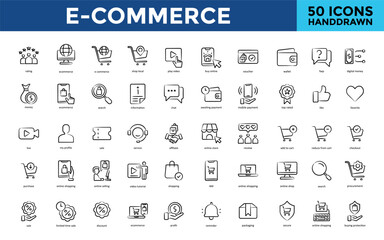 Wall Mural - E-commerce icon set with rating, ecommerce, shop local, play video, buy online, voucher, wallet, faqs, digital money icon. Simple handdrawn vector 
