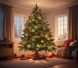 © Prasert - Brightly lit large Christmas tree in a cozy room, holiday decorations, bright tree lights, warm glow