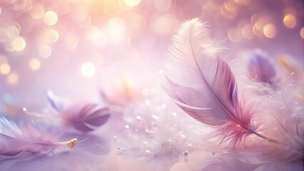Wall Mural - Delicate pastel feathers gently floating on a dreamy, bokeh-filled background, creating a serene and ethereal scene.