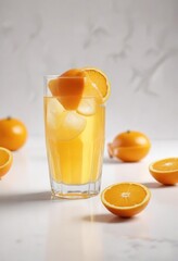 Wall Mural - Glass of OJ, sliced oranges, white backdrop; perfect for health ads ,  healthy,  color