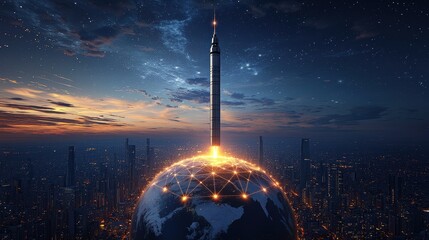Poster - Innovative technology summit exploring secure blockchain ecosystems in a futuristic cityscape at dusk