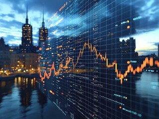 Poster - Dynamic economic data visualization urban landscape digital graphics secure blockchain ecosystems night view technology integration