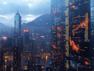 Poster - Emerging blockchain analytics secure ecosystems in futuristic cityscape data visualization urban environment dynamic perspective