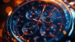 © loxia stock image - Close-up of a sophisticated men's chronograph wristwatch with a dark blue face and silver bezel, illuminated by warm lighting.