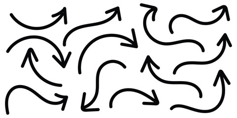 Poster - Set of simple lines hand drawn black arrows in various style. Hand drawn vector arrows doodle set on white background. Scribble swirl arrow signs. Curved cartoon arrows sketches. Vector illustration. 