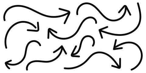 Poster - Set of simple lines hand drawn black arrows in various style. Hand drawn vector arrows doodle set on white background. Scribble swirl arrow signs. Curved cartoon arrows sketches. Vector illustration. 