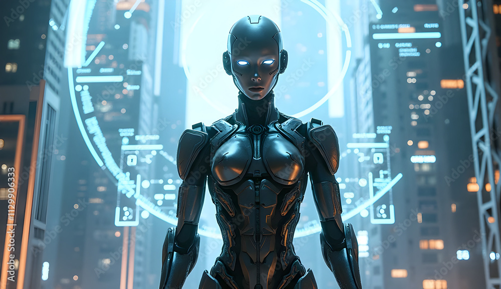 Futuristic Cybernetic Humanoid with Holographic Interface