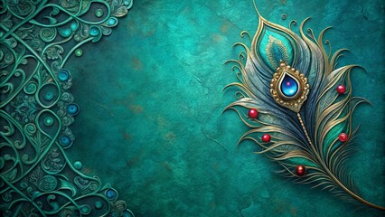 Wall Mural - Ornate Peacock Feather Design with Jewel Accents and Intricate Metalwork