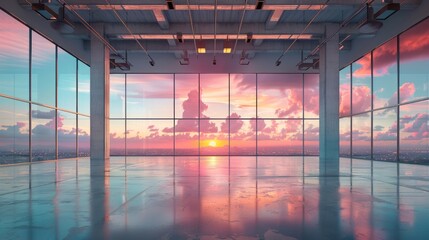 Wall Mural - empty modern office with panoramic sunset view.