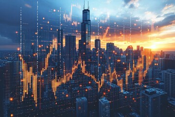 Poster - Analyzing secure blockchain ecosystems in urban financial landscapes at sunset digital art futuristic viewpoint technology concept