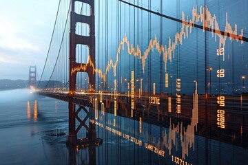 Poster - Dynamic stock market trends and golden gate bridge san francisco financial graphs urban landscape aerial view investment analysis