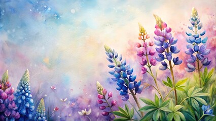 Wall Mural - Serene Watercolor Painting of Vibrant Lupine Flowers in a Soft, Dreamy Landscape
