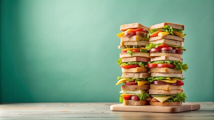 Wall Mural - Two towering club sandwiches, layered with various fillings and fresh produce, stand proudly on a rustic wooden board against a muted green backdrop.