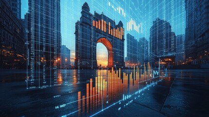 Poster - Economic data visualization in a secure blockchain ecosystem at iconic urban landmark digital art futuristic perspective