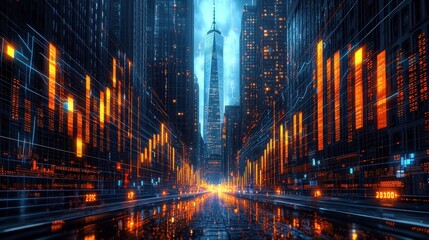 Poster - Dynamic financial data streams and glowing bar charts in urban landscape digital art futuristic city environment