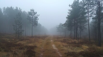 Aufkleber - Dense fog blankets the serene pine forest in the early morning light, casting a mystical aura across the winding path and surrounding trees, inviting exploration and wonder