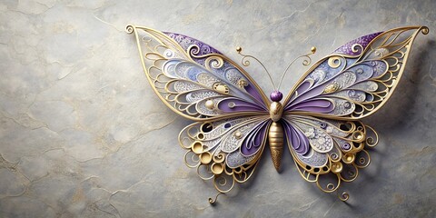 Wall Mural - Intricate Golden and Purple Butterfly with Ornate Wing Details on Textured Background