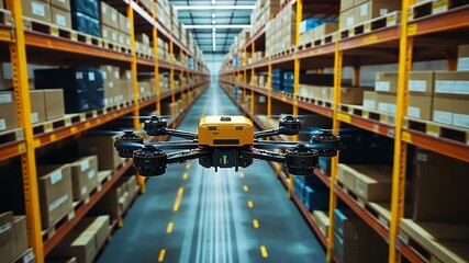 Poster - autonomous drone navigating through a large warehouse filled with stacked cardboard boxes