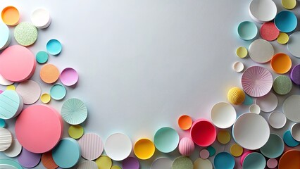 Wall Mural - Pastel-colored circles and spheres arranged in a vibrant, playful composition on a light gray background, forming a dynamic and eye-catching border.